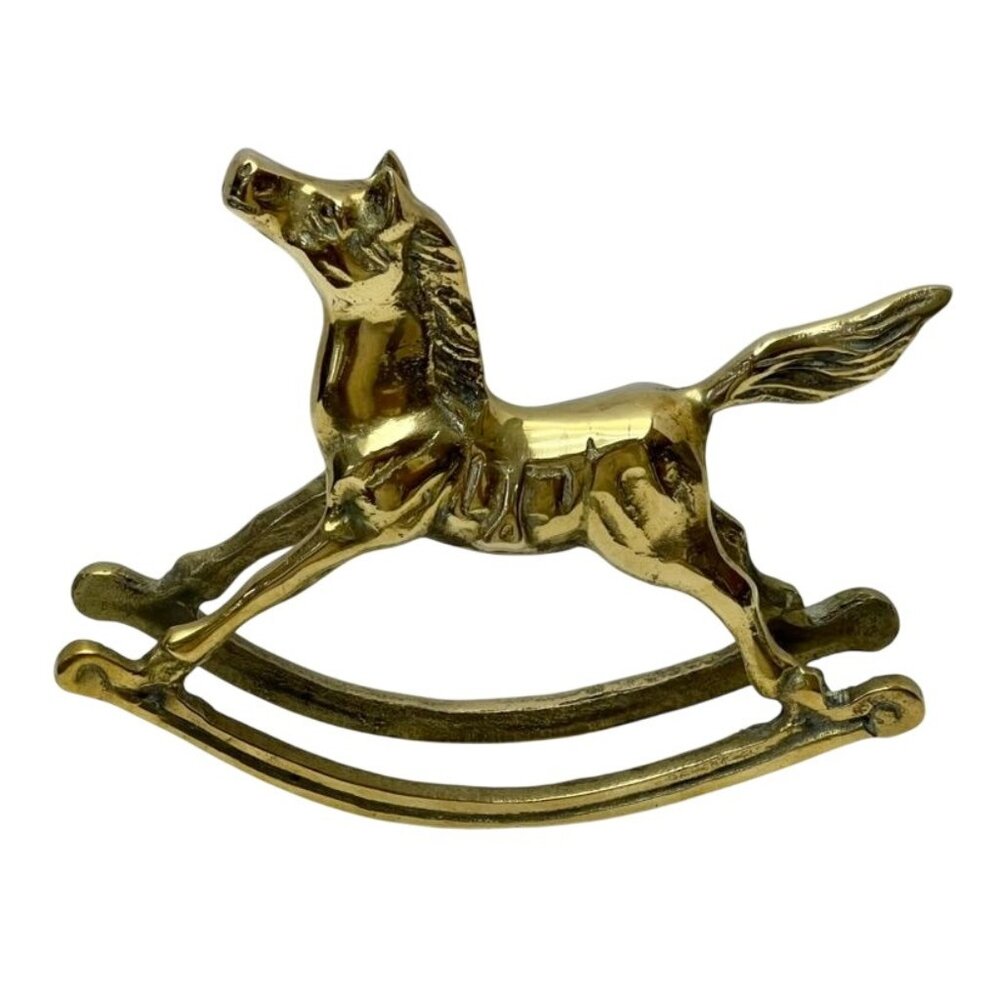 Vintage Solid Brass Rocking Horse Figurine 7" Long Nursery Shelf Decor
